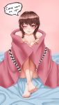  1girl bad_anatomy barefoot bed_sheet blush braid breasts brown_hair cleavage english feet full_body highres looking_at_viewer madotsuki naked_blanket one_eye_closed parted_lips red_eyes sitting solo speech_bubble text toes twin_braids twrlare yume_nikki 