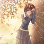  1girl against_wall autumn autumn_leaves bangs belt brick_wall brown_eyes brown_hair falling_leaves frilled_skirt frills grey_skirt leaf long_skirt long_sleeves looking_at_viewer outdoors photo_reference shoes skirt sleeves_past_wrists solo standing tokumaru 