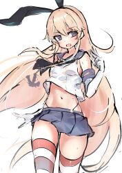  1girl anchor_hair_ornament animal_ears black_neckerchief black_panties blonde_hair blue_eyes blue_sailor_collar blue_skirt cowboy_shot elbow_gloves gloves hair_ornament hasaki_(alice_ruru) kantai_collection long_hair looking_to_the_side microskirt miniskirt navel neckerchief off_shoulder open_mouth panties pleated_skirt rabbit_ears sailor_collar school_uniform serafuku shimakaze_(kancolle) simple_background skirt sleeveless socks solo striped_clothes striped_panties striped_socks underwear white_background white_gloves white_serafuku 