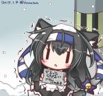  1girl 2017 alternate_costume animal_ears apron bell black_hair blush cat_ears cat_tail dated enmaided for_adoption frills hatsushimo_(kantai_collection) headband holding kantai_collection kemonomimi_mode lilywhite_lilyblack long_hair maid open_mouth remodel_(kantai_collection) ribbon snow snow_on_head snowing solo tail tail_bell tail_ribbon translated trembling twitter_username winter |_| 