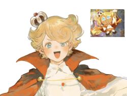 1boy blonde_hair blue_eyes blush cape cookie_run cookie_run:_kingdom crown custard_cookie_iii gijinka happy high_collar humanization male_focus mini_crown official_art_inset open_mouth outstretched_arms quxiaochong red_cape shirt short_hair simple_background smile solo upper_body white_background white_shirt wing_collar
