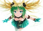  1girl ahoge animal_ears archer_of_red bangs blonde_hair blush breasts closed_mouth downblouse eyebrows_visible_through_hair fate/apocrypha fate/grand_order fate_(series) floating_hair gloves green_eyes green_gloves green_hair green_skirt kusano_houki leaning_forward long_hair looking_at_viewer medium_breasts multicolored_hair pleated_skirt simple_background skirt small_breasts smile solo tail two-tone_hair white_background 