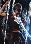  1boy belly black_clothes black_hair blue_eyes cuts final_fantasy final_fantasy_xv fingerless_gloves gloves holding holding_weapon injury light_particles lips magic male_focus noctis_lucis_caelum open_mouth penguin_frontier polearm realistic shirt short_hair solo sword torn_clothes torn_shirt weapon 