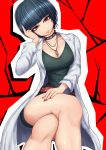  1girl black_hair breasts brown_hair collarbone highres jewelry labcoat legs legs_crossed lips looking_at_viewer medium_breasts necklace persona persona_5 ponpo sitting solo studded_collar takemi_tae thighs 