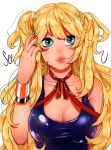  1girl blonde_hair blue_dress blue_eyes breasts choker chomong cleavage collarbone dress highres lips long_hair medium_breasts messy_hair ribbon_choker seeu solo star star-shaped_pupils symbol-shaped_pupils taut_clothes taut_dress two_side_up vocaloid 