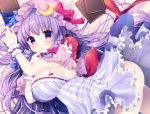  1girl :o bangs blue_bow book bow braid breasts capelet character_doll crescent dress hair_bow hat highres koakuma large_breasts long_hair looking_at_viewer lying miiiiiiii mob_cap patchouli_knowledge purple_dress purple_hair red_bow redhead strap_slip striped striped_dress touhou very_long_hair violet_eyes wrist_cuffs 