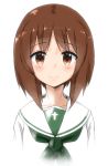  1girl arms_at_sides blush brown_eyes brown_hair closed_mouth collarbone eyebrows_visible_through_hair girls_und_panzer looking_at_viewer neckerchief nishizumi_miho rocha_(aloha_ro_cha) shirt simple_background smile solo upper_body white_background white_shirt 