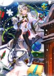  1girl ahoge armor armored_boots bare_tree black_bikini_top black_gloves black_legwear blonde_hair blurry blush boots bow box breasts capelet chimney depth_of_field elbow_gloves eyebrows_visible_through_hair fate/grand_order fate_(series) full_body full_moon gift gift_box gloves hair_bow head_tilt headpiece highres holding icicle jeanne_alter jeanne_alter_(santa_lily)_(fate) long_hair looking_at_viewer medium_breasts moon night night_sky open_mouth outdoors rooftop ruler_(fate/apocrypha) sack sitting sky snow snowflakes snowing solo striped striped_bow swordsouls thigh-highs tree very_long_hair yellow_eyes 