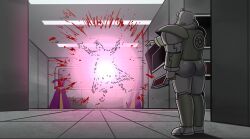  armor ass cloudisnotsleeping dr._manhattan_kills_rorschach_(meme) explosion fallout_(series) fallout_1 hallway highres huge_ass meme power_armor power_armor_(fallout) purple_robe robe signature vault_dweller watchmen 