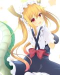 1girl :3 :d blonde_hair blush breasts dragon_girl dragon_horns dragon_tail eyebrows_visible_through_hair fangs from_behind hair_between_eyes head_tilt horns kobayashi-san_chi_no_maidragon large_breasts long_hair looking_back maccha maid maid_headdress open_mouth orange_eyes slit_pupils smile solo star starry_background tail tail_raised tooru_(maidragon) twintails very_long_hair white_background white_legwear