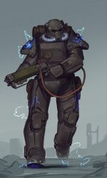  1boy armor brotherhood_of_steel cable cityscape electricity energy_gun fallout_(series) helmet highres laser_rifle power_armor power_armor_(fallout) ruins running solo trigger_discipline tungsten_hale weapon 