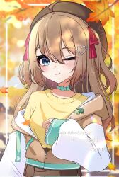  1girl ahoge autumn_leaves beret blue_eyes brown_hair brown_hat closed_mouth commentary commission english_commentary eyebrows_hidden_by_hair falling_leaves from_side hair_between_eyes hair_ribbon hana_s hat highres indie_virtual_youtuber jacket leaf long_hair long_sleeves looking_at_viewer neuro-sama one_eye_closed red_ribbon ribbon sleeves_past_wrists solo sweater two_side_up upper_body vgen_commission virtual_youtuber yellow_sweater 