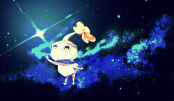  black_background black_eyes blue_skin blue_theme colored_skin commentary_request creature_focus flower ice ice_pikmin leaning_forward light_particles looking_at_object no_humans no_mouth outstretched_arm petals pikmin_(creature) pikmin_(series) shirushiki solo sparkle standing yellow_flower 