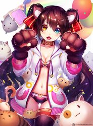  1girl :&lt; :3 :d =_= animal_ears balloon bangs black_bra black_legwear black_panties blue_eyes blush bow bow_panties bra breasts brown_hair cat cat_ears choker cleavage collarbone cowboy_shot dutch_angle fang food gluteal_fold hair_between_eyes hair_ribbon hands_up heterochromia hood hoodie lace lace-trimmed_bra lace-trimmed_panties long_hair looking_at_viewer medium_breasts mismatched_legwear navel nyan_cat open_mouth original panties paw_pose paws photobomb pop_tart rainbow red_ribbon ribbon simple_background smile solo star striped striped_ribbon sweets thick_eyebrows thigh-highs triangle_mouth un_s underwear vertical-striped_bra vertical-striped_panties vertical_stripes very_long_hair watermark wavy_hair web_address white_background yellow_bow yellow_eyes |_| 