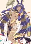  1girl :o barefoot bracelet breasts dark_skin earrings egyptian egyptian_clothes facial_mark fate/grand_order fate_(series) hairband hoop_earrings jewelry long_hair looking_at_viewer multicolored_hair mutou_kurihito nitocris_(fate/grand_order) open_mouth purple_hair sidelocks solo staff two-tone_hair under_boob very_long_hair violet_eyes 
