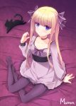  1girl artist_name bangs bed_sheet black_cat black_legwear blonde_hair blue_eyes blush breasts cat choker closed_mouth collarbone dress eyebrows_visible_through_hair faceless hair_ribbon hand_up long_hair maron_(1212ama) on_bed pantyhose purple_dress purple_legwear purple_ribbon ribbon sash signature sitting small_breasts smile solo sound_voltex very_long_hair yokozuwari 