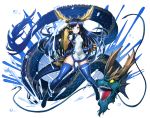  1girl bandage blue_eyes blue_hair boots china_dress chinese_clothes defiaz_(infinity) dragon dragon_girl dragon_horns dragon_tail dress gauntlets head_fins horns karin_(p&amp;d) long_hair open_mouth puzzle_&amp;_dragons sharp_teeth smile solo_focus spiked_knuckles tail teeth thigh-highs thigh_boots water yellow_eyes 
