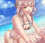  1girl bikini blush braid breasts brown_hair cleavage genderswap genderswap_(mtf) hair_ornament la_pucelle_(mahoiku) leaning_forward looking_at_viewer mahou_shoujo_ikusei_keikaku navel prettyblue88 smile solo swimsuit yellow_eyes 