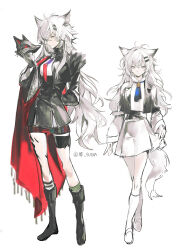  2girls absurdres animal_ears arknights arm_behind_back artist_name ascot belt black_ascot black_belt black_cape black_footwear black_jacket black_mask black_skirt blue_ascot boots brooch buttons cape chinese_commentary closed_mouth collared_jacket collared_shirt colored_eyelashes commentary_request crossed_legs cui_(jidanhaidaitang) dual_persona eyelashes fringe_trim full_body fur-trimmed_jacket fur-trimmed_sleeves fur_trim gradient_ascot gradient_necktie hair_between_eyes hair_ornament hairclip high-waist_skirt high_collar highres holding holding_mask jacket jewelry knee_boots kneehighs knees lapels lappland_(arknights) layered_sleeves leg_belt long_hair long_sleeves looking_at_object loose_hair_strand mask messy miniskirt multiple_girls necktie notched_lapels open_clothes open_jacket pleated_skirt purple_necktie red_cape red_necktie scar scar_across_eye shirt shoes short_over_long_sleeves short_sleeves side_cape sidelocks simple_background skirt sleeves_past_wrists smile socks standing tail thigh_strap turtleneck two-sided_cape two-sided_fabric very_long_hair white_background white_footwear white_hair white_shirt white_skirt white_socks wide_sleeves wolf_ears wolf_girl wolf_mask wolf_tail 