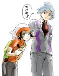  2boys beanie black_hair blue_eyes blue_hair cowboy_shot cravat formal hat looking_at_another looking_away male_focus multiple_boys pokemon pokemon_(game) pokemon_oras pokemon_rse short_hair simple_background smile suit tsuwabuki_daigo ume-bayashi white_background yuuki_(pokemon) yuuki_(pokemon)_(remake) 