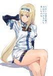  1girl adjusting_hair ashiomi_masato blonde_hair blue_eyes elbow_gloves fingerless_gloves gloves guilty_gear hairband legs millia_rage solo thighs translation_request 