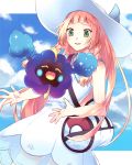  1girl bag bangs blonde_hair blunt_bangs braid collared_dress commentary_request cosmog dress duffel_bag green_eyes hat lillie_(pokemon) long_hair poke_ball_theme pokemon pokemon_(game) pokemon_sm satou_iruno sleeveless sleeveless_dress solo sun_hat twin_braids white_hat 