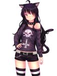  1girl angry animal_ears belt betsy black_hair cat_tail chains collar fast-runner-2024 gothic highres long_hair long_sleeves looking_at_viewer original short_shorts shorts simple_background solo striped striped_legwear tail thigh-highs yellow_eyes 