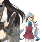  2girls ahoge blurry depth_of_field fingerless_gloves gloves grey_eyes grey_hair imitating kantai_collection kiyoshimo_(kantai_collection) long_hair machinery midriff multiple_girls nagato_(kantai_collection) open_mouth sally_wasabi smile sparkle thigh-highs twintails very_long_hair 