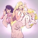  1boy 2girls bent_over blonde_hair blue_eyes blush embarrassed glasses gloves grey_background labcoat long_hair looking_back lusamine_(pokemon) multiple_girls parody perfume pink_sweater pokemon pokemon_(game) pokemon_sm ribbed_sweater sauboo_(pokemon) sevenven short_hair simple_background smile sunglasses sweat sweater wavy_mouth white_gloves wicke_(pokemon) yellow_eyes 