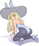 1girl all_fours animal_ears ass back blonde_hair blush braid bunny_tail bunnysuit closed_mouth from_behind garoudo_(kadouhan&#039;i) gloves green_eyes hat high_heels legs lillie_(pokemon) long_hair looking_at_viewer looking_back pantyhose pokemon pokemon_(game) pokemon_sm rabbit_ears simple_background solo sun_hat tail thighs twin_braids white_background 