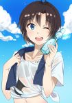  antenna_hair black_hair blue_eyes highres idolmaster kikuchi_makoto navel ramune shirt short_hair suzumo70 tied_shirt towel wet wet_clothes wet_shirt 