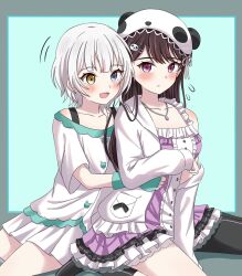  2girls asymmetrical_legwear bang_dream! bang_dream!_it&#039;s_mygo!!!!! black_socks blue_eyes blush brown_hair closed_mouth collarbone commentary hair_ornament hairclip hat heterochromia highres jacket jewelry kaname_raana katanashi_(ktnsh_popu) long_hair mole mole_under_eye multiple_girls necklace nightcap no_shoes open_mouth pajamas panda_hair_ornament panda_hat pleated_skirt shiina_taki short_hair single_off_shoulder sitting skirt socks violet_eyes wariza white_hair white_jacket white_skirt yellow_eyes yuri 