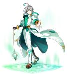  1boy ahoge ainchase_ishmael belt blue_hair boots earrings elsword full_body gloves green_eyes grey_hair highres jewelry male_focus multicolored_hair outstretched_hand partly_fingerless_gloves pendulum solo trench_coat 