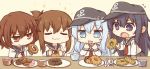  4girls akatsuki_(kantai_collection) anchor_symbol brown_eyes brown_hair closed_eyes commentary_request eating flat_cap folded_ponytail hair_ornament hairclip hat hibiki_(kantai_collection) ikazuchi_(kantai_collection) inazuma_(kantai_collection) kantai_collection kata_meguma long_hair mister_donut multiple_girls neckerchief open_mouth school_uniform serafuku short_hair silver_hair 