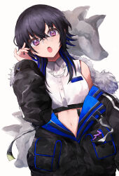  1girl absurdres black_hair collared_shirt crop_top fur-trimmed_jacket fur_trim glasses highres ichinose_uruha ichinose_uruha_(4th_costume) jacket long_sleeves lupinus_virtual_games maya_fa midriff_peek navel partially_open_jacket round_eyewear shirt single_bare_shoulder single_off_shoulder sleeveless sleeveless_shirt solo violet_eyes virtual_youtuber vspo! white_background wolf_cut 