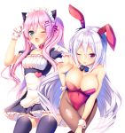  2girls ;o ;p animal_ears apron aqua_eyes ayuma_sayu bangs black_legwear blush bow bowtie breasts bunnysuit cat_ears choker cleavage covered_navel detached_collar dress fang frilled_apron frilled_gloves frilled_ribbon frills gloves hair_ornament hairpin hand_on_hip hand_on_own_knee heart large_breasts lavender_hair leotard long_hair looking_at_viewer maid maid_headdress multiple_girls one_eye_closed original ota-cir_no_hime_to_koi_ga_dekiru_wake_ga_nai. pantyhose paw_pose petticoat pink_hair rabbit_ears ribbon ribbon_choker short_sleeves simple_background thigh-highs tongue tongue_out twintails underbust very_long_hair violet_eyes white_background white_gloves wrist_cuffs 