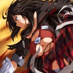  1girl bandaged_arm belt blood blood_on_face breasts brown_eyes brown_hair choker claws cleavage collarbone hair_over_shoulder large_breasts long_hair navel runaru solo tales_of_(series) tales_of_berseria torn_clothes under_boob velvet_crowe 