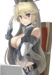  1girl ao_iro bare_shoulders blonde_hair blush breasts chair cleavage fingerless_gloves fork front-tie_top gloves grey_eyes hair_between_eyes headgear highres iowa_(kantai_collection) kantai_collection large_breasts long_hair looking_at_viewer miniskirt sitting skirt smile solo star star-shaped_pupils symbol-shaped_pupils table_knife 