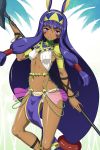  1girl bracelet dark_skin earrings egyptian egyptian_clothes facial_mark fate/grand_order fate_(series) hairband hoop_earrings hyouju_issei jewelry long_hair looking_at_viewer nitocris_(fate/grand_order) purple_hair shiny shiny_skin sidelocks smile solo very_long_hair violet_eyes weapon 