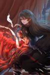  1girl absurdres allenerie bandage black_hair breasts claws from_behind highres long_hair looking_at_viewer solo tales_of_(series) tales_of_berseria torn_clothes under_boob velvet_crowe yellow_eyes 