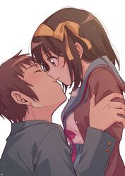  1boy 1girl absurdres blazer blue_sailor_collar blue_skirt breasts brown_cardigan brown_eyes brown_hair cardigan closed_eyes commentary_request from_side green_jacket hair_ribbon hairband hetero highres imminent_kiss jacket kita_high_school_uniform kyon long_sleeves medium_hair parted_lips red_ribbon ribbon sailor_collar school_uniform serafuku short_hair simple_background skirt suzumiya_haruhi suzumiya_haruhi_no_yuuutsu taiki_(6240taiki) upper_body white_background winter_uniform yellow_hairband yellow_ribbon 