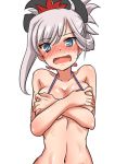  1girl ayuayu_(shouyu_no_sato) bare_shoulders bikini blue_eyes blush breasts covering covering_breasts embarrassed fate/grand_order fate_(series) long_hair looking_at_viewer medium_breasts miyamoto_musashi_(fate/grand_order) navel open_mouth purple_bikini silver_hair simple_background solo swimsuit upper_body white_background 