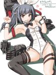  1girl 2017 adapted_costume anger_vein animal_ears armpits asymmetrical_legwear bare_shoulders black_bow black_bowtie black_legwear bow bowtie brown_eyes bunnysuit character_name dated detached_collar eyebrows_visible_through_hair fake_animal_ears grey_hair hair_ribbon kantai_collection kasumi_(kantai_collection) leotard long_hair lying machinery on_back rabbit_ears ribbon side-tie_leotard side_ponytail single_thighhigh solo strapless strapless_leotard tatsumi_rei thigh-highs thigh_strap turret white_ribbon wrist_cuffs 