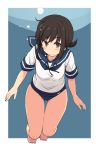  1girl bare_legs black_hair blue_background blush brown_eyes commentary_request fubuki_(kantai_collection) kantai_collection kugui_kiyunemu looking_at_viewer neck_ribbon ribbon sailor_collar school_swimsuit school_uniform serafuku solo swimsuit swimsuit_under_clothes thigh_gap underwater 