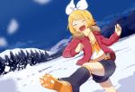  1girl blonde_hair bow building closed_eyes hair_bow hair_ornament hairclip happy jacket kagamine_rin kicking legs navel nokuhashi open_mouth scarf shoes shorts sky smile snow solo thighs tree vocaloid 