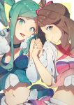  2girls aqua_eyes aqua_hair aqua_nails asymmetrical_hair bow brown_eyes brown_hair choker earrings fur_trim hair_bow hand_holding haruka_(pokemon) haruka_(pokemon)_(remake) jewelry long_hair looking_at_viewer lucia_(pokemon) midriff multiple_girls nail_polish open_mouth pink_nails pokemon pokemon_(game) pokemon_oras short_sleeves showgirl_skirt sidelocks smile tongue tongue_out two_side_up yuno_tsuitta 