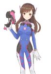  1girl animal_print bangs blue_bodysuit bodysuit bracer breasts brown_eyes brown_hair bunny_print clothes_writing commentary_request cowboy_shot d.va_(overwatch) facepaint facial_mark finger_on_trigger gloves gun handgun headphones high_collar highres holding holding_gun holding_weapon long_hair looking_at_viewer medium_breasts overwatch pilot_suit pistol ribbed_bodysuit shoulder_pads simple_background skin_tight smile solo standing sushiya swept_bangs weapon whisker_markings white_background white_gloves 