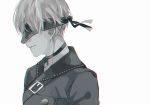  1boy black_clothes blindfold ears male_focus monochrome nier_(series) nier_automata pale_skin profile short_hair sketch smile solo white_background white_hair yorha_no._9_type_s 