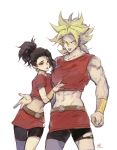  2girls abs akame_(chokydaum) black_eyes black_hair blonde_hair bracelet dragon_ball dragon_ball_super dragonball_z dual_persona earrings fembroly jewelry leaning_on_person multiple_girls no_name_given size_difference spiky_hair super_saiyan torn_clothes 