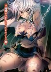  1girl armpits arms_up bandage blood blue_skirt breasts breasts_apart chains cleavage clenched_teeth detached_sleeves eleonora_viltaria erect_nipples eyebrows hair_between_eyes highres katagiri_hinata large_breasts long_hair looking_at_viewer madan_no_ou_to_vanadis midriff navel novel_illustration official_art restrained silver_hair skirt solo teeth 